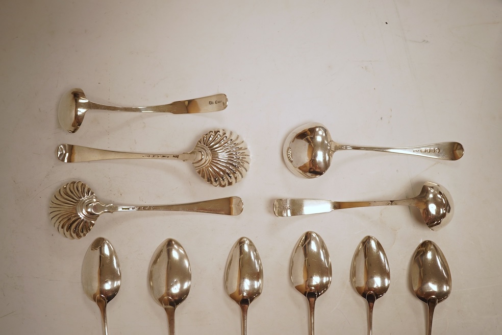 A pair of George III silver feather edge Old English pattern sauce ladles, with shell bowls, London, 1771?, 17.6cm, together with a pair of George III Scottish silver toddy ladles, George Fenwick, Edinburgh, 1816, one ot